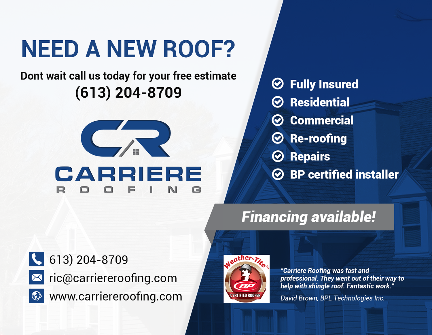Postcard Design by VEGA-Designs for Carriere Roofing | Design #16283086