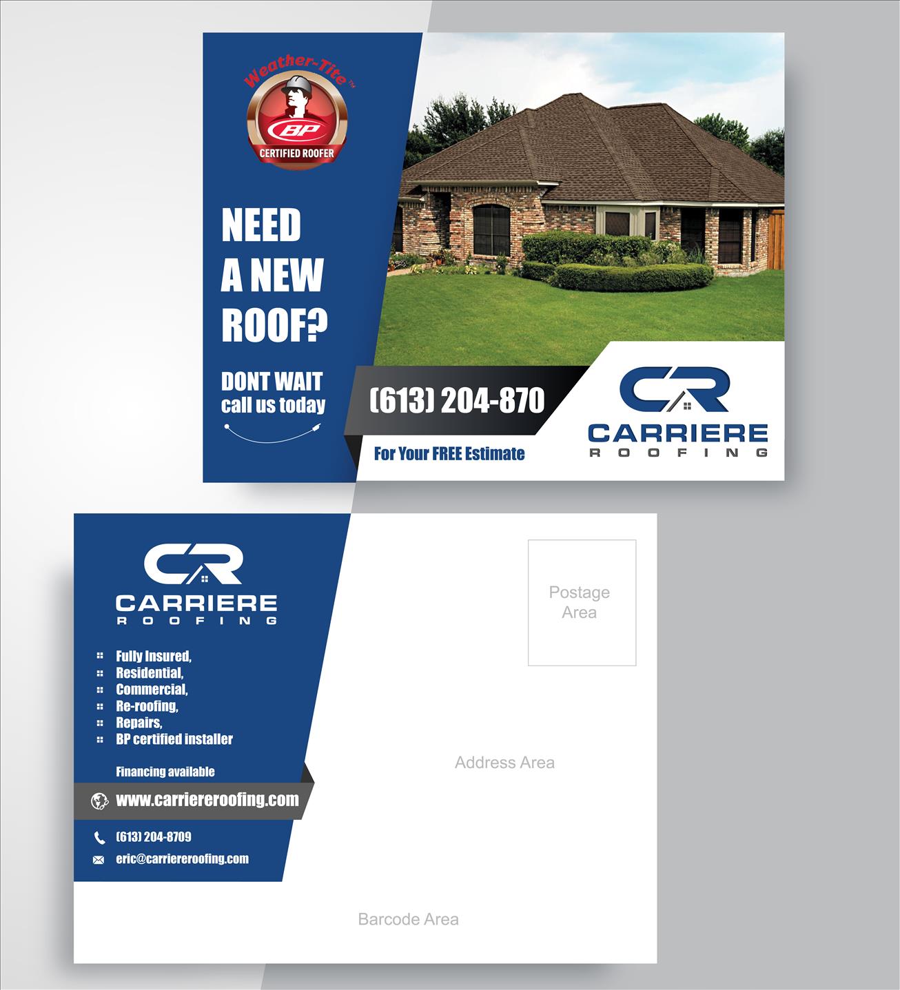 Diseño de Postal por vcreatived para Carriere Roofing | Diseño #16264287