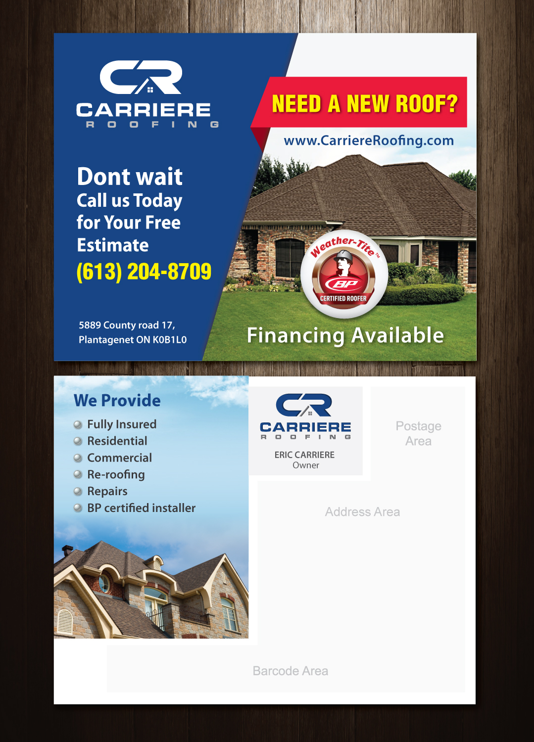 Diseño de Postal por meet007 para Carriere Roofing | Diseño #16341831