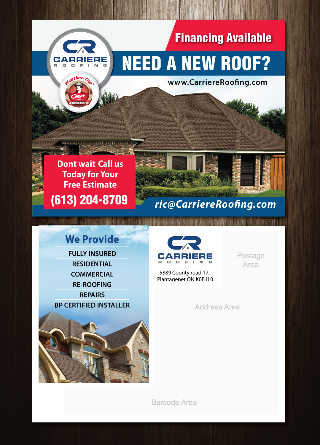 Diseño de Postal por meet007 para Carriere Roofing | Diseño #16343203