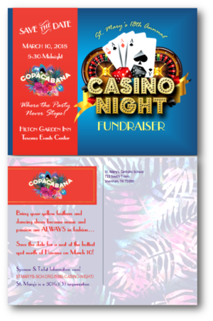Save the Date postcard for St. Mary's School 18th Annual Casino Night - Copacabana: Where the Party  | Postcard Design by citygirl17