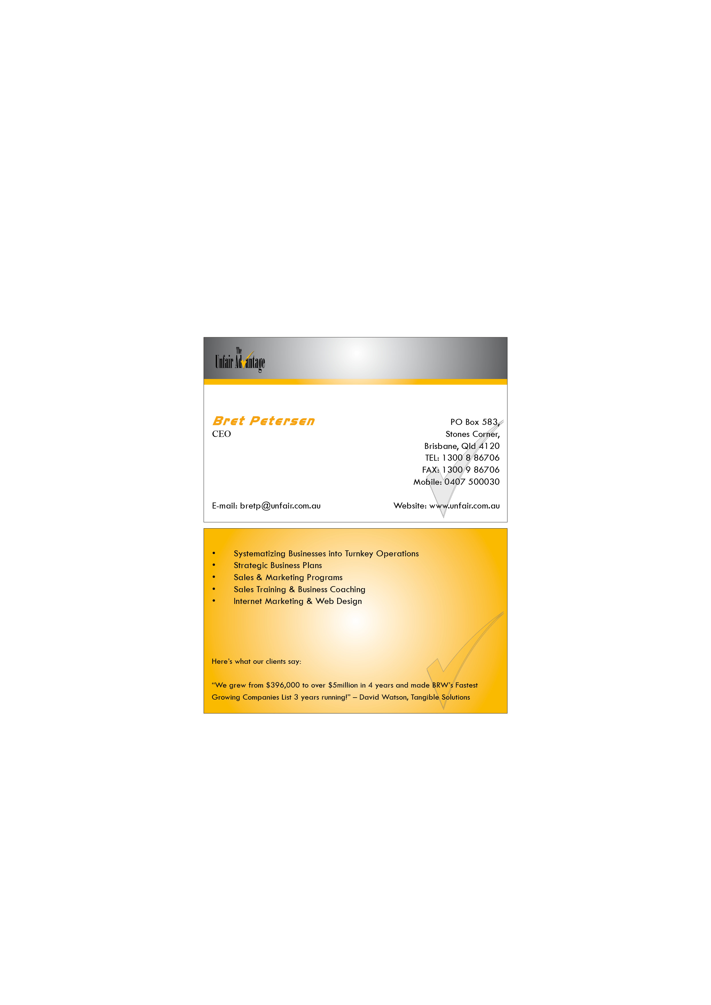 Business Card Design by CreativeCorner for the unfair advantage | Design #40805