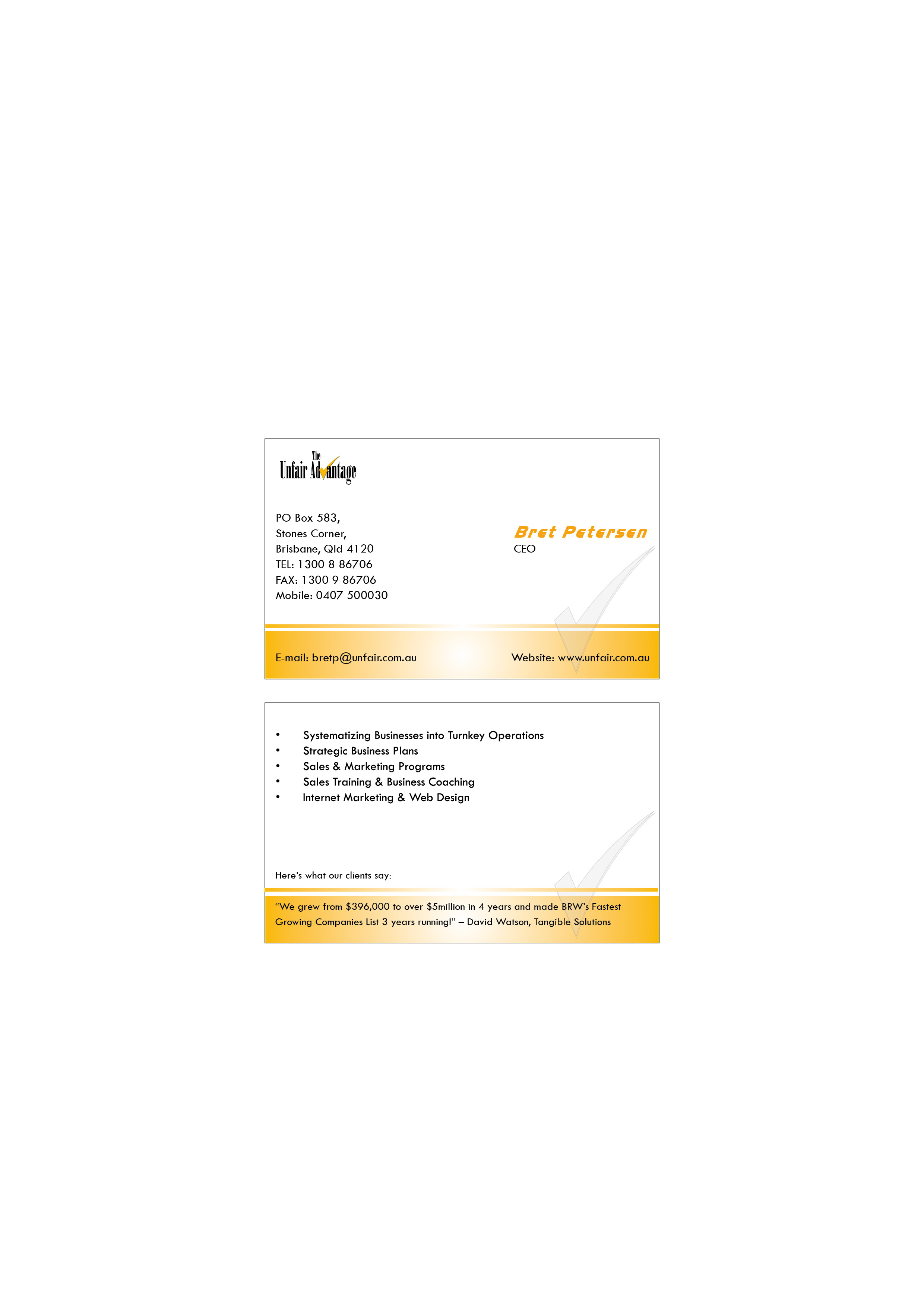 Business Card Design by CreativeCorner for the unfair advantage | Design #40811