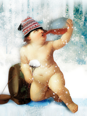 Alter existing art (drinking cherub) for a holiday ornament project | Illustration Design by Marta van Eck