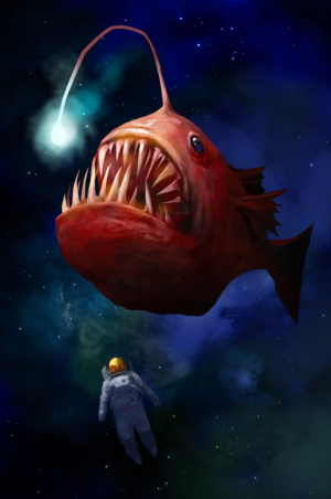 Astronaut Floating to Angler Fish in Space | T-shirt Design by licarto