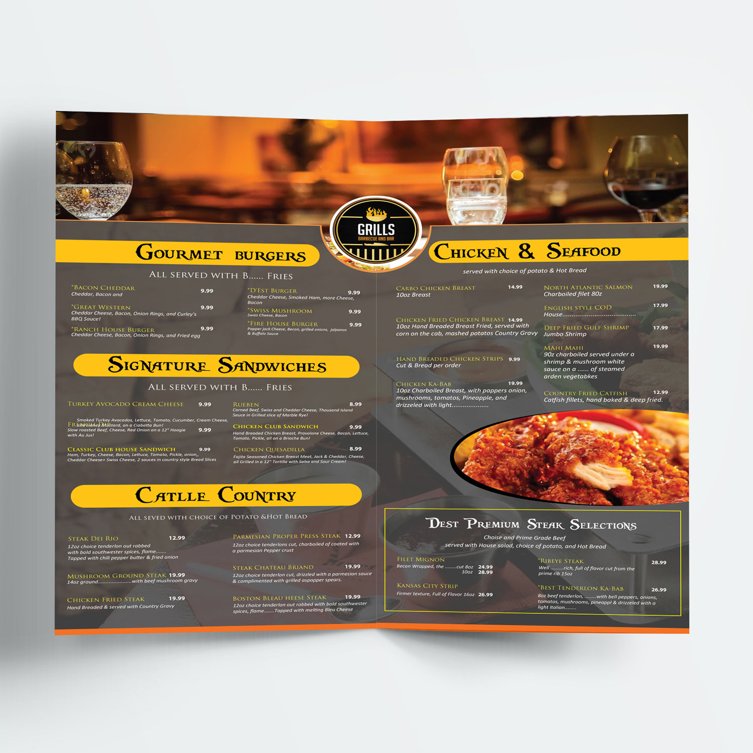 masculine traditional restaurant menu design for uptown cafe club