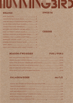 Hummingbird Menu
