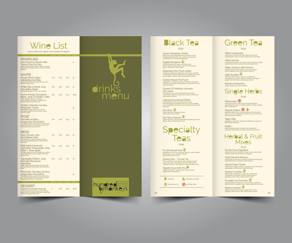 Menu Design by Cut and Glue for Hundred Monkeys | Design #16729543