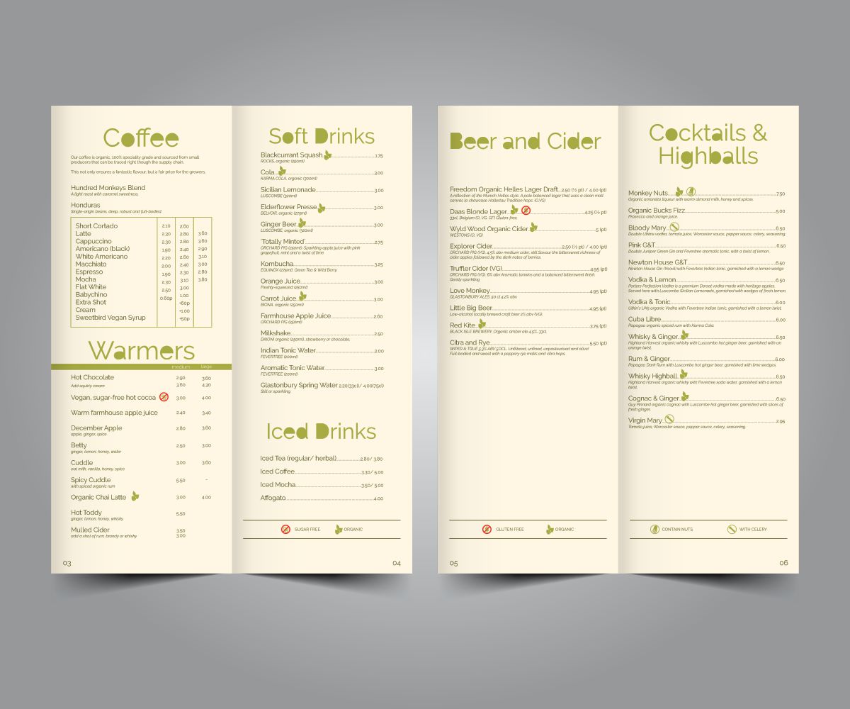 Menu Design by Cut and Glue for Hundred Monkeys | Design #16729556