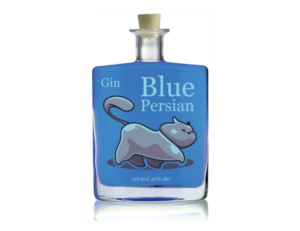 Design a label for a new brand of Gin the UK called Blue Persian - featuring a cat