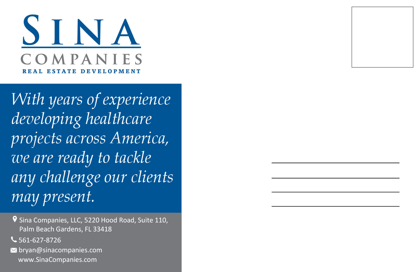 Postcard Design by Parul for Sina Companies LLC | Design #16973386