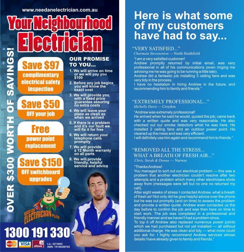 Design de Flyer par Atvento Graphics pour Need An Electrician Pty Ltd | Design : #627324