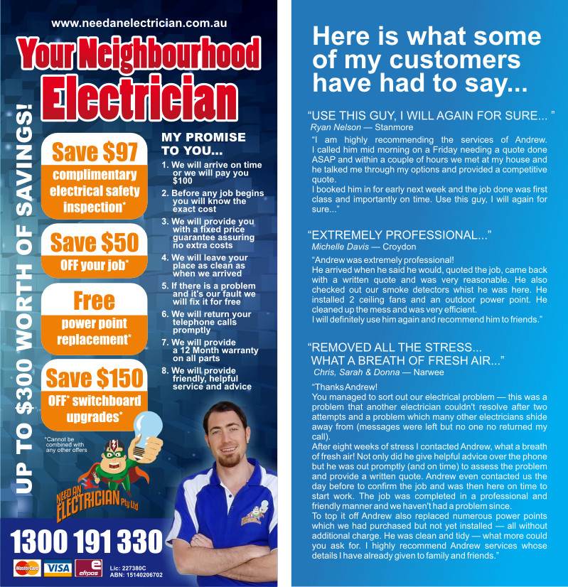 Flyer Design by Atvento Graphics for Need An Electrician Pty Ltd | Design #637218