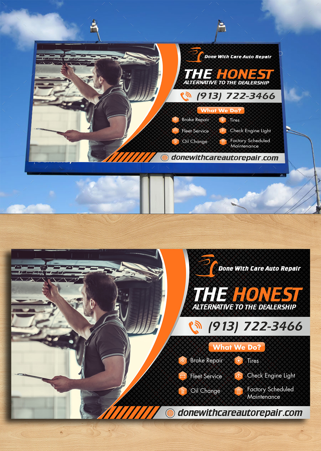 Bold, Serious, Auto Repair Billboard Design for Done With Care Auto