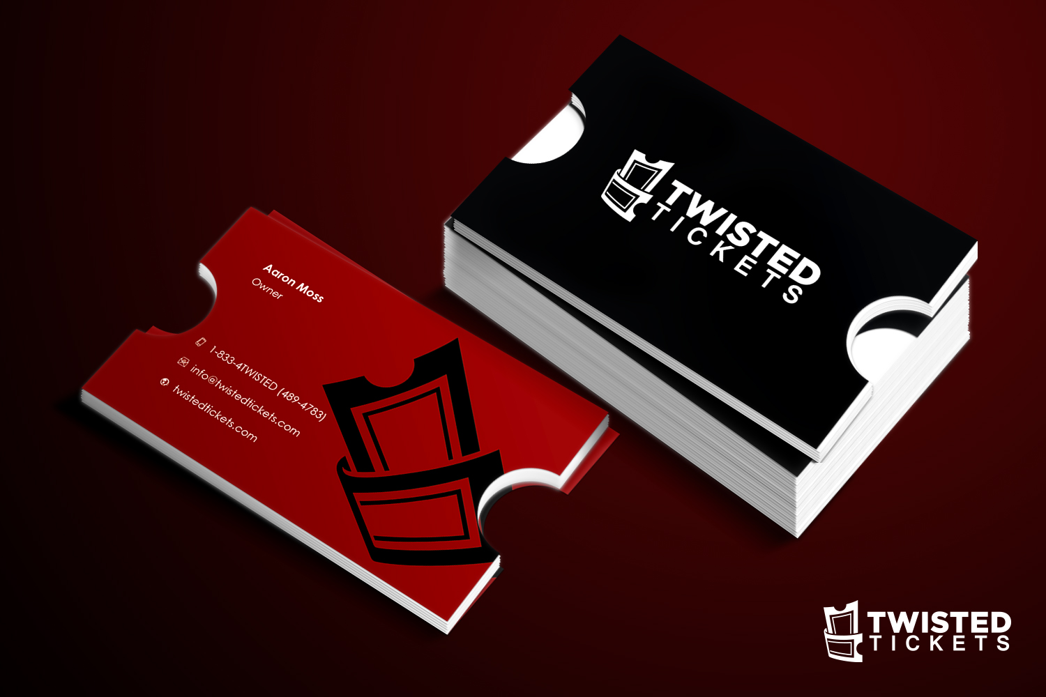 Business Card Design by Abdul Haseeb for Aaron J. Moss dba Twisted Tickets | Design #17267168