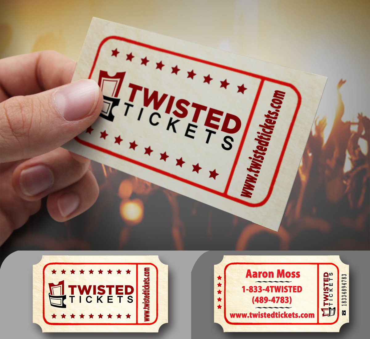 Business Card Design by MAR 76 for Aaron J. Moss dba Twisted Tickets | Design #17265492