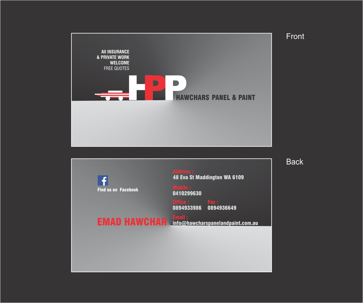 Design de Carte de Visite par Mital Derara 2 pour HAWCHARS PANEL & PAINT PTY LTD | Design #17387581