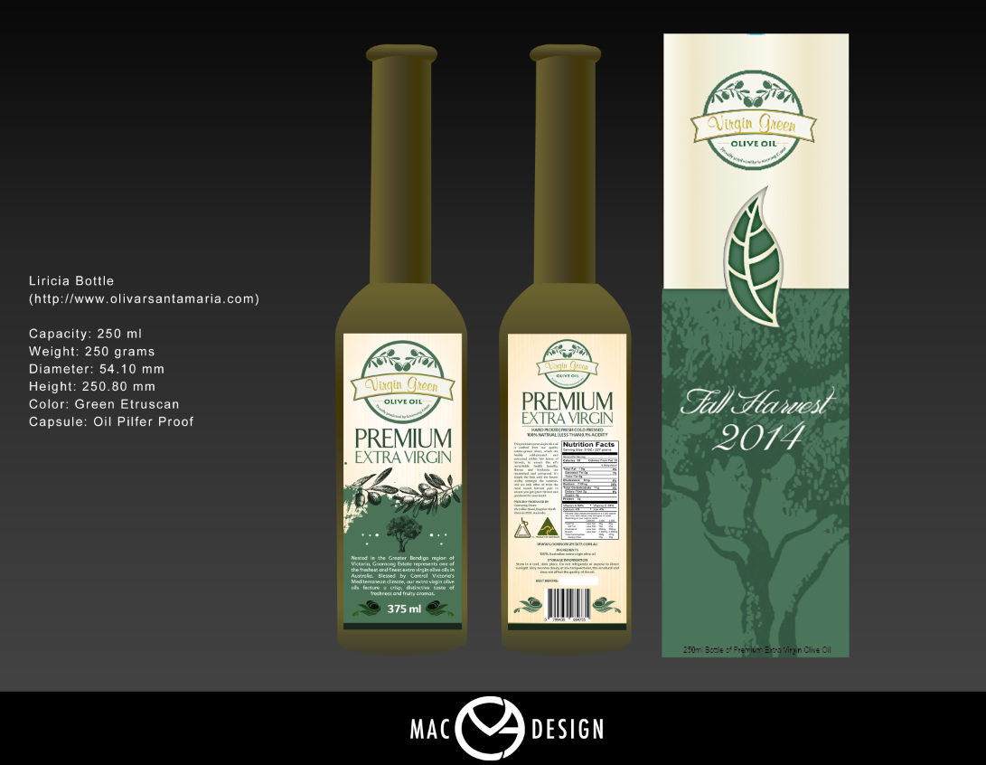 Diseño de Empaque por MC-GD para Virgin Green Olive Farm Pty Ltd | Diseño #2784477