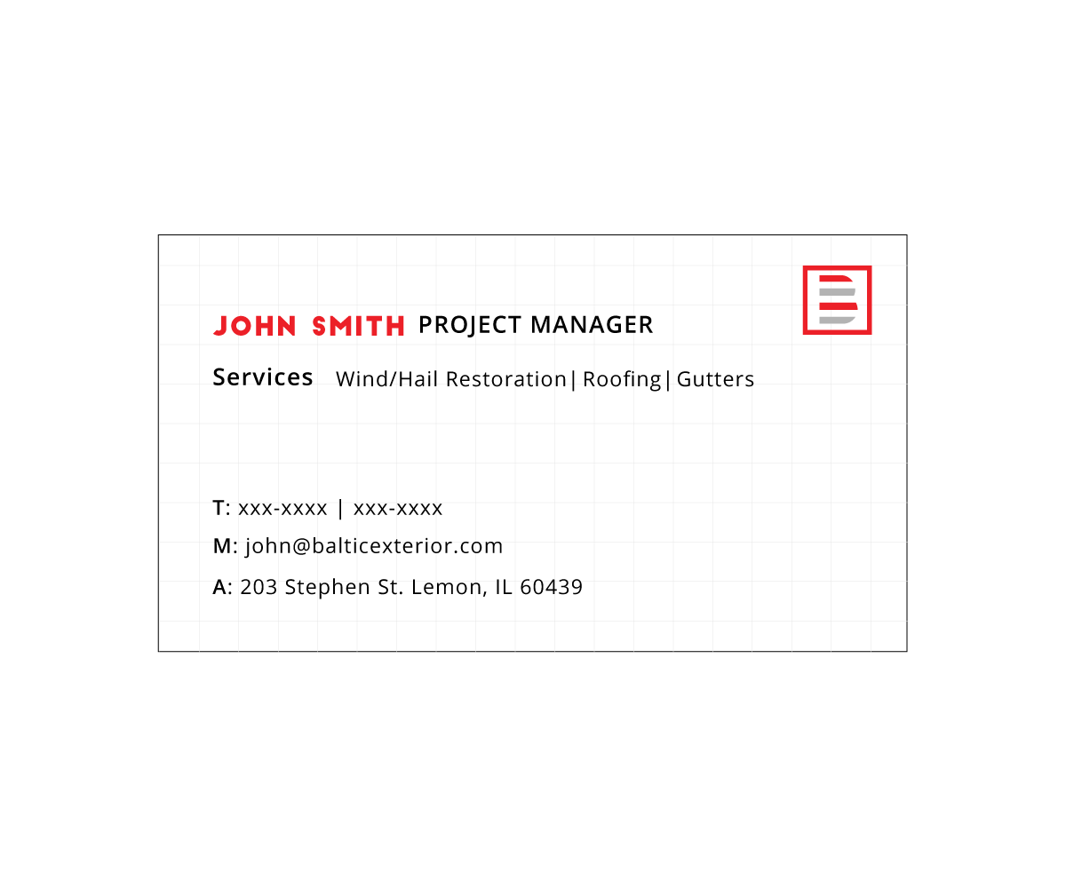 Business Card Design by Clarissa Pessoa for Baltic Exteriors | Design #17569861