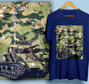 t-shirt design with camo background with fighter jet or tank feature | T-Shirt-Design von 99.degree
