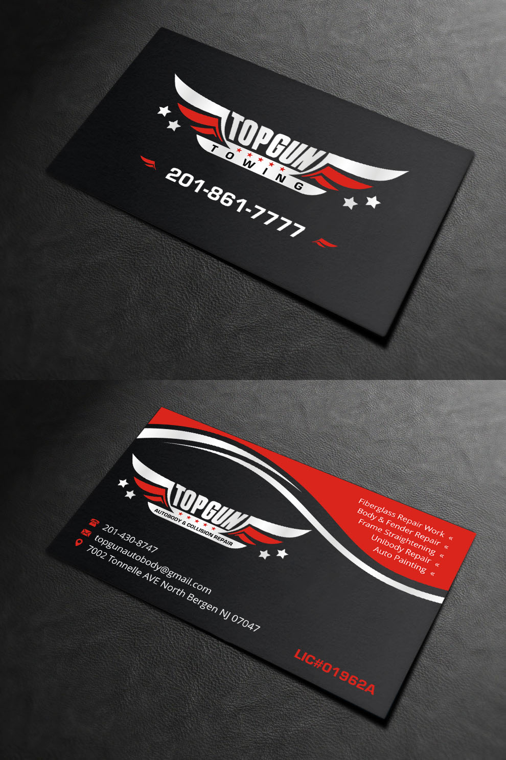 Business Card Design by INDIAN_Ashok for topgun autobody and towing | Design #17745574