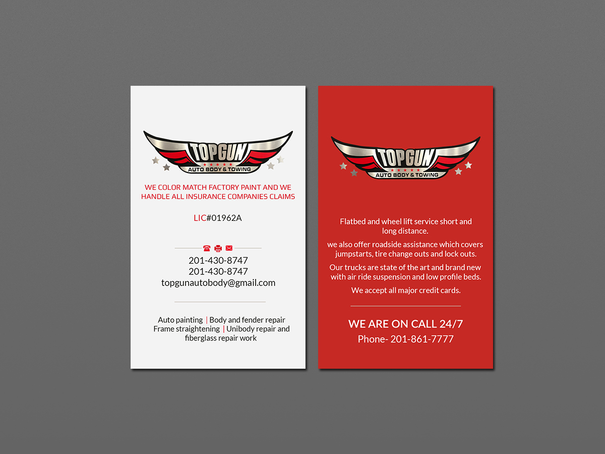 Business Card Design by Creations Box 2015 for topgun autobody and towing | Design #17731597