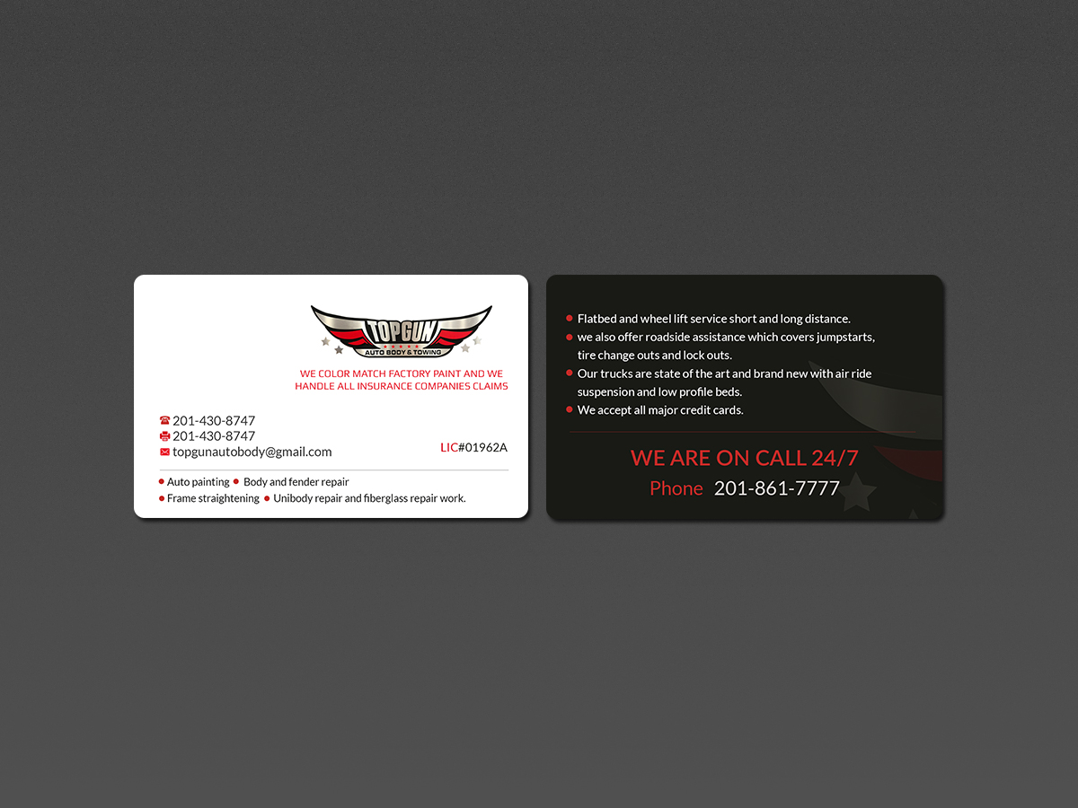 Business Card Design by Creations Box 2015 for topgun autobody and towing | Design #17731598