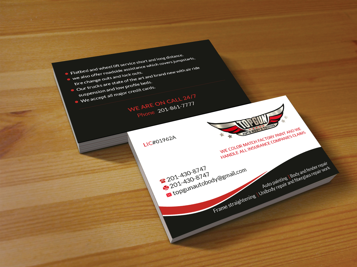 Business Card Design by Creations Box 2015 for topgun autobody and towing | Design #17731600