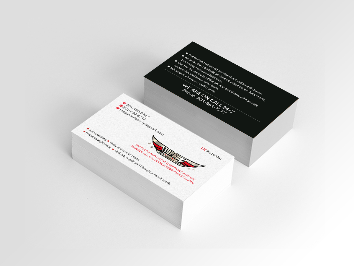 Business Card Design by Creations Box 2015 for topgun autobody and towing | Design #17768535