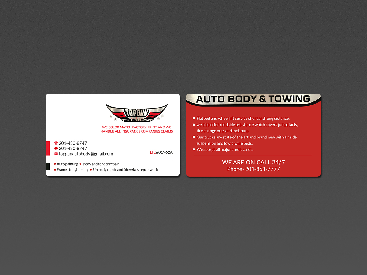 Business Card Design by Creations Box 2015 for topgun autobody and towing | Design #17768536