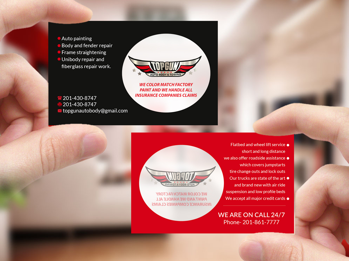 Business Card Design by Creations Box 2015 for topgun autobody and towing | Design #17768537