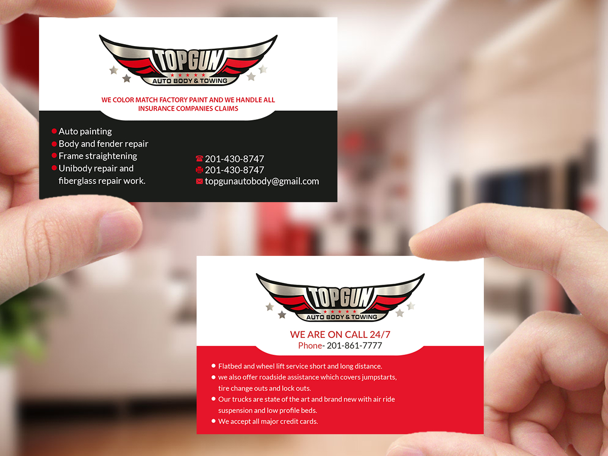 Business Card Design by Creations Box 2015 for topgun autobody and towing | Design #17768538