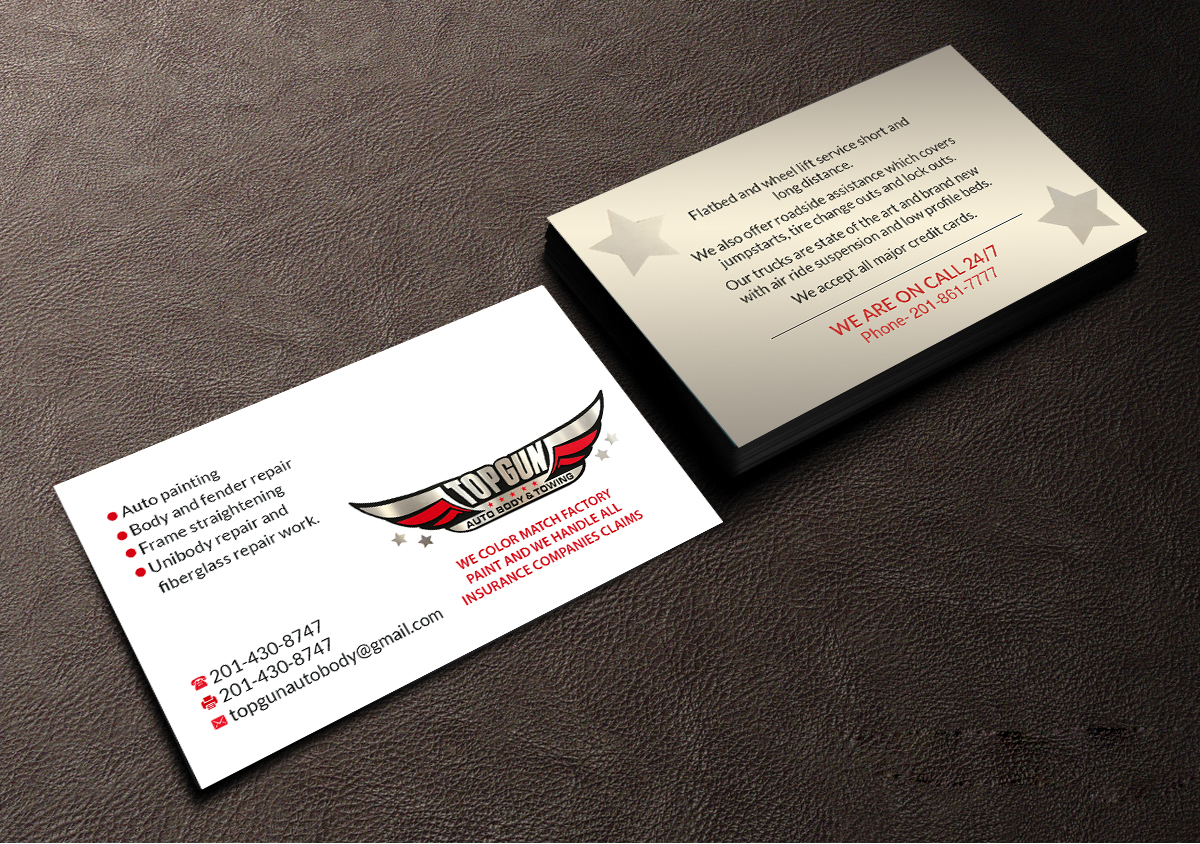 Business Card Design by Creations Box 2015 for topgun autobody and towing | Design #17768539