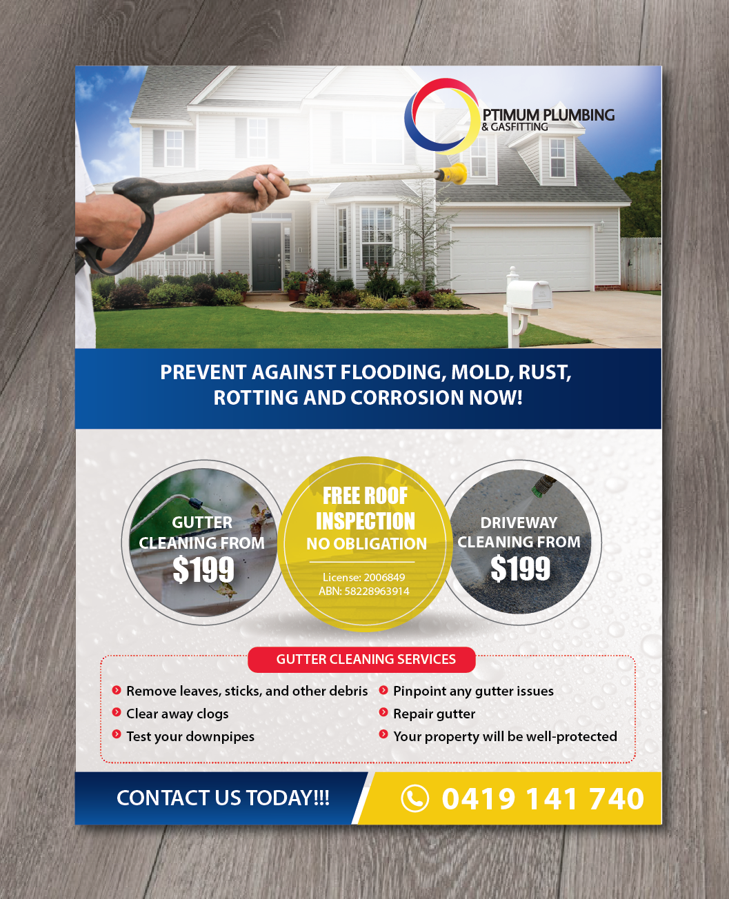 modern bold flyer design for optimum plumbing gasfitting by advertise cleaning services