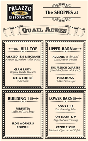Palazzo 1837 Ristorante and The Shoppes at Quail Acres Signage | Signage Design by Maestroto