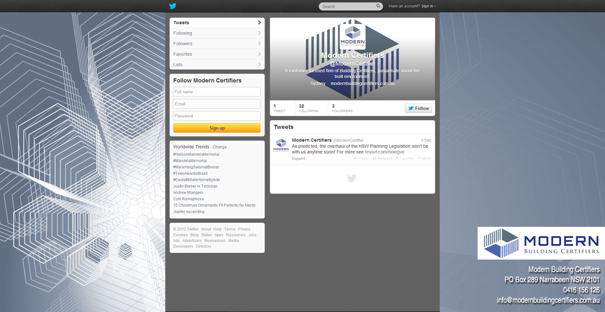 Twitter Design by p0rcup1n3 for Modern Building Certifiers | Design #2792363