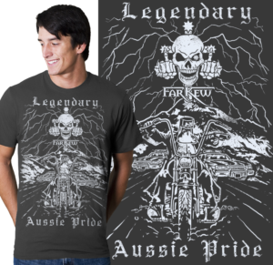 Ned Kelly on a Harley , 3D tattoo art white on black Recreate This picture with back ground | Diseño de Camiseta por krizvector