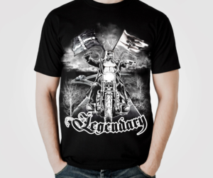Ned Kelly on a Harley , 3D tattoo art white on black Recreate This picture with back ground | Diseño de Camiseta por FigliaPerduta