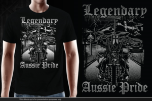 Ned Kelly on a Harley , 3D tattoo art white on black Recreate This picture with back ground | Diseño de Camiseta por gekgrfx