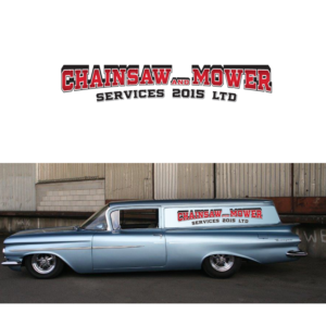 I want an old style logo of Chainsaw And Mower Services to put on the side of a 1959 Chevrolet deliv | Schilder-Design von WILD FOX Desing Studio