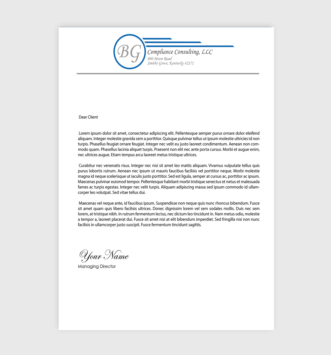 Letterhead Design by Designs 2019 for BG Compliance Consulting, LLC | Design #18143380
