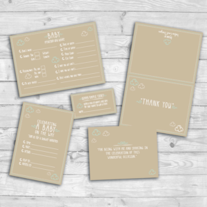 Baby prediction and advice cards, thank you notes, Baby shower invitations and diaper raffle tickets | Graphic Design by AdriQ