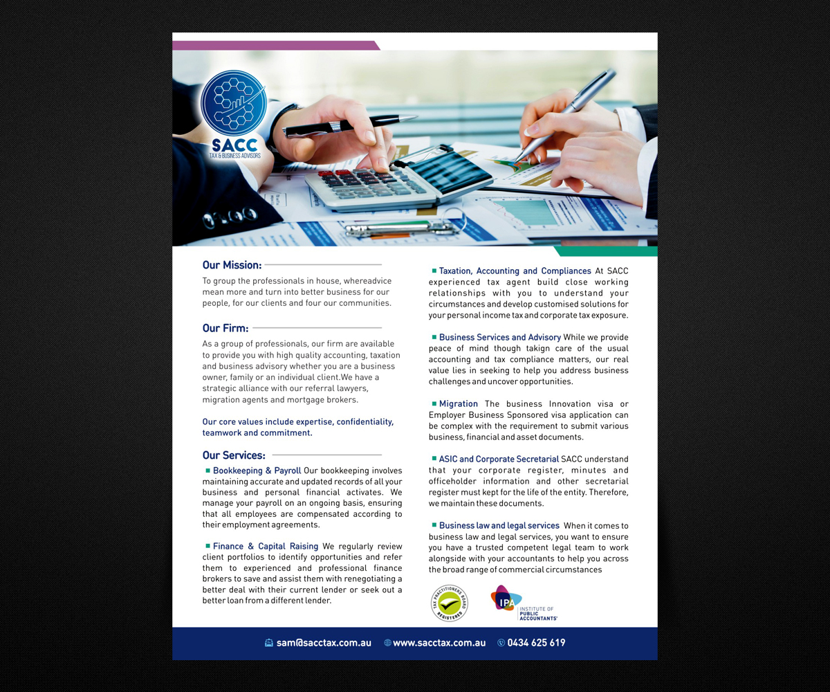 Design de Flyer par Designers Hub pour SACC Services pty ltd | Design #18724379