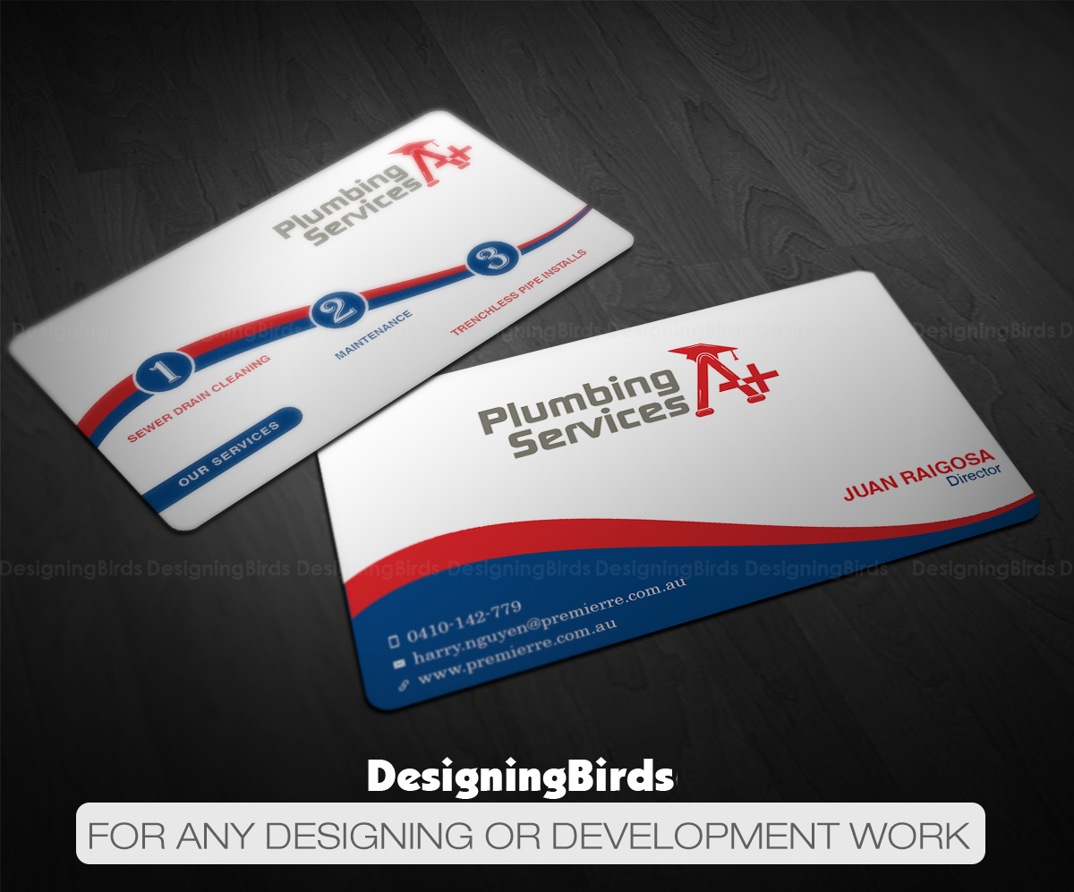 Business Card Design by Designing Birds for plumbing services A+ | Design #18843105