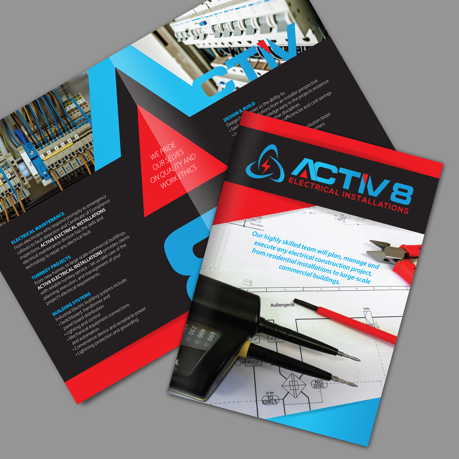 Brochure Design by Ashley Erasmus for Activ8 electrical installations  | Design #18957996