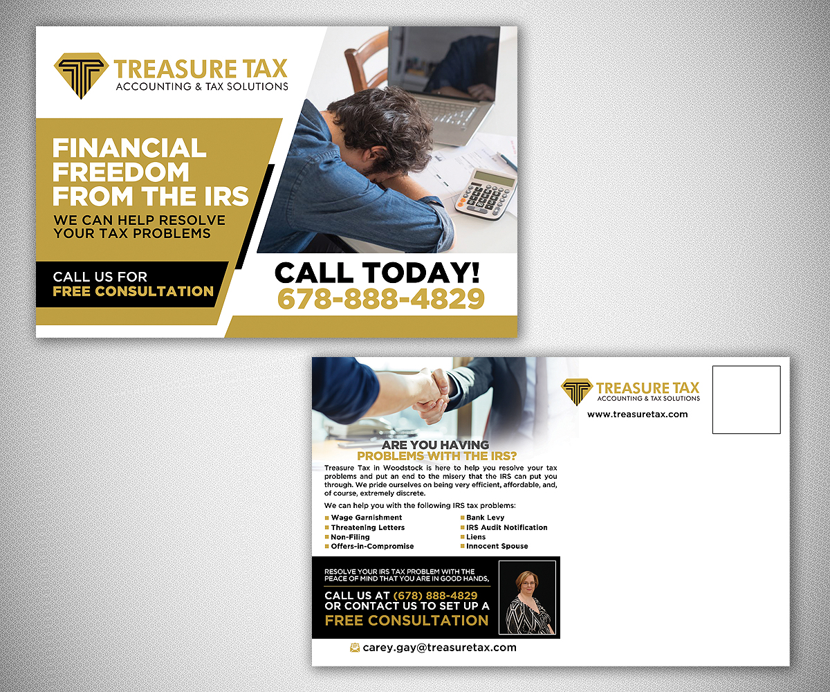 Diseño de Postal por Designers Hub para Treasure Tax, LLC | Diseño #19050459