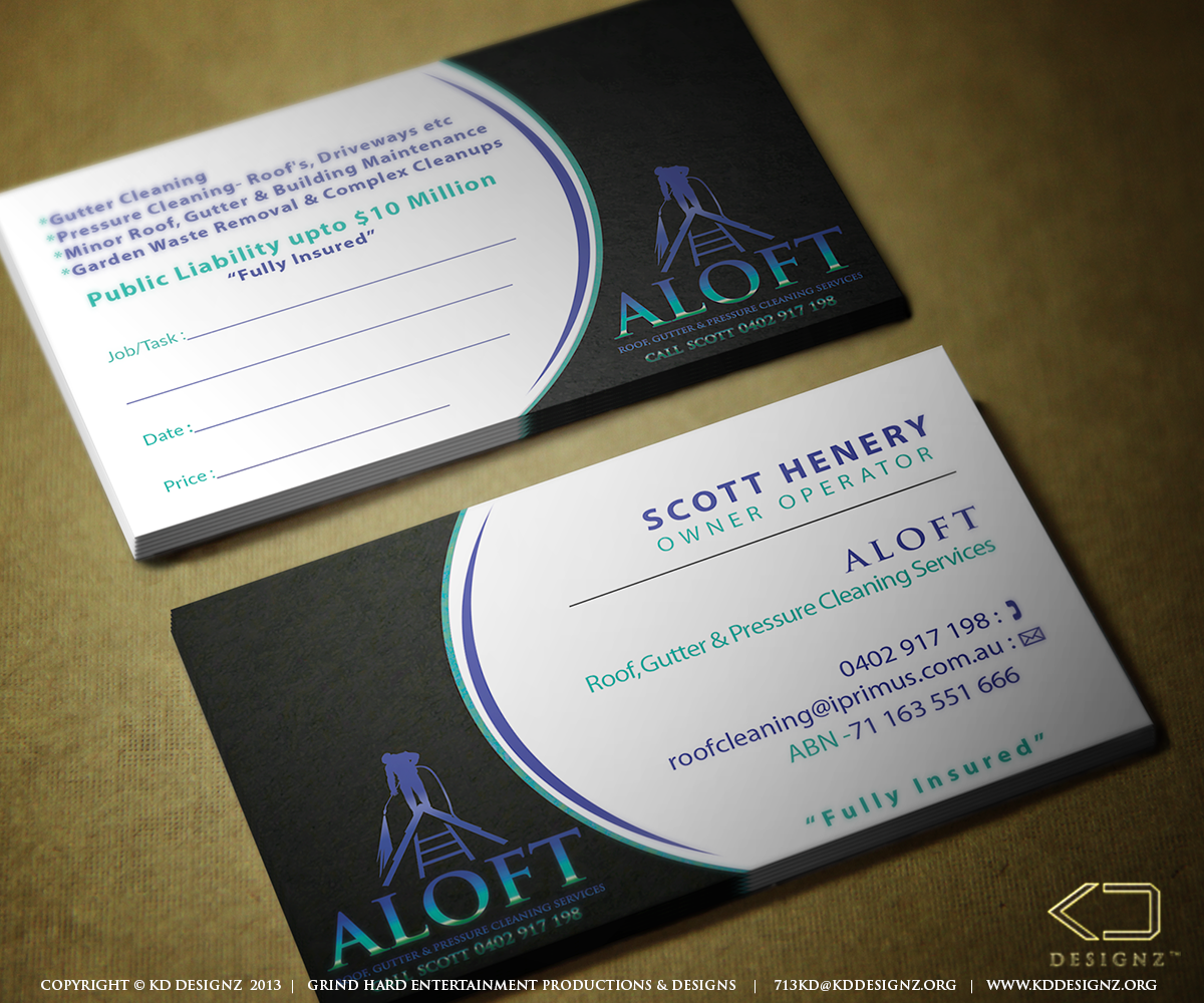 Business Card Design by KD Designz for Aloft Roof, Gutter & Pressure Cleaning Services | Design #2897371