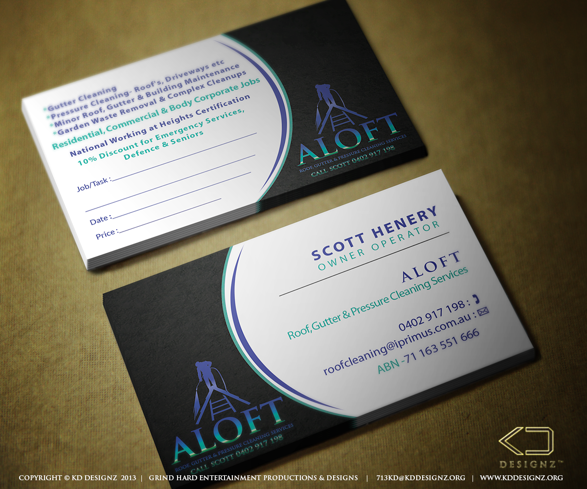 Business Card Design by KD Designz for Aloft Roof, Gutter & Pressure Cleaning Services | Design #2901479