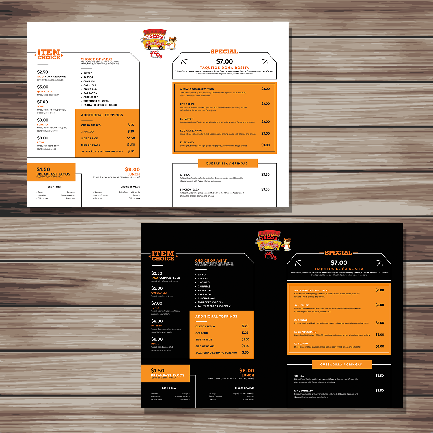 modern professional food truck menu design for tacos doña rosita
