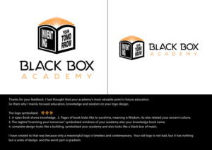 Black Box Academy is a must. If you decide to add a tagline, then you must include all four: reinventing your tomorrow, school of art and technology, and school of hospitality management. | Logo Design by Pixel Desert